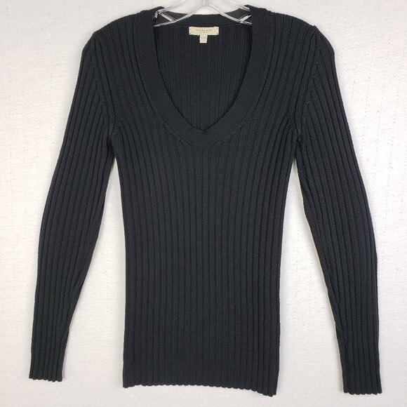 BURBERRY London Wool Sweater Plaid Elbow Patches Ribbed Knit Black V-neck size S - Picture 2 of 11